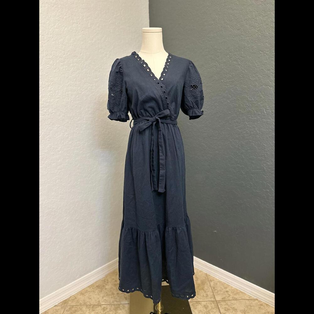 Moon River Chic Navy Blue Maxi Dress with Puff Sleeves and Belt